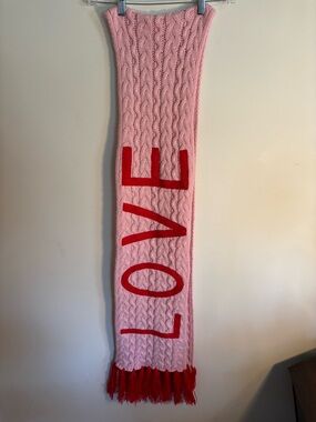 Topshop Pink Cable Knit Scarf with Red 'LOVE' lettering